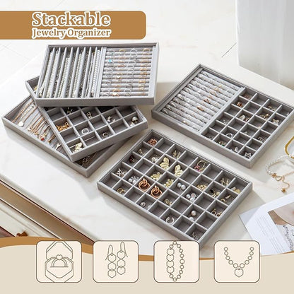 Large Velvet Jewelry Tray 2 Pack Stackable Jewelry Display Drawer Inserts Trays Organizer for Earring Bracelet Necklace Ring (Gray, Ring and 24 Grids)