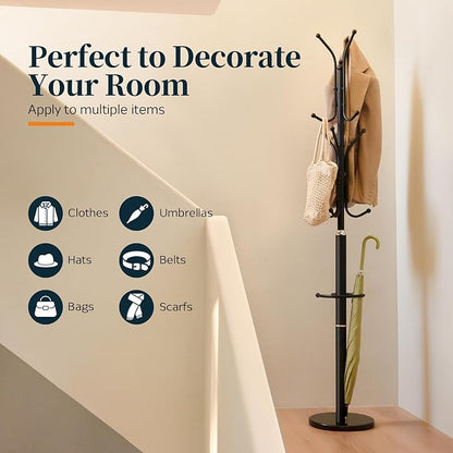Yoobure Metal Coat Rack Freestanding with Marble Base, Coat Tree with 12 Hooks & Umbrella Holder, Coat Hanger Stand for Corner Entryway Bedroom Office, Heavy Duty Coat Rack Stand for Clothes Hats Bags