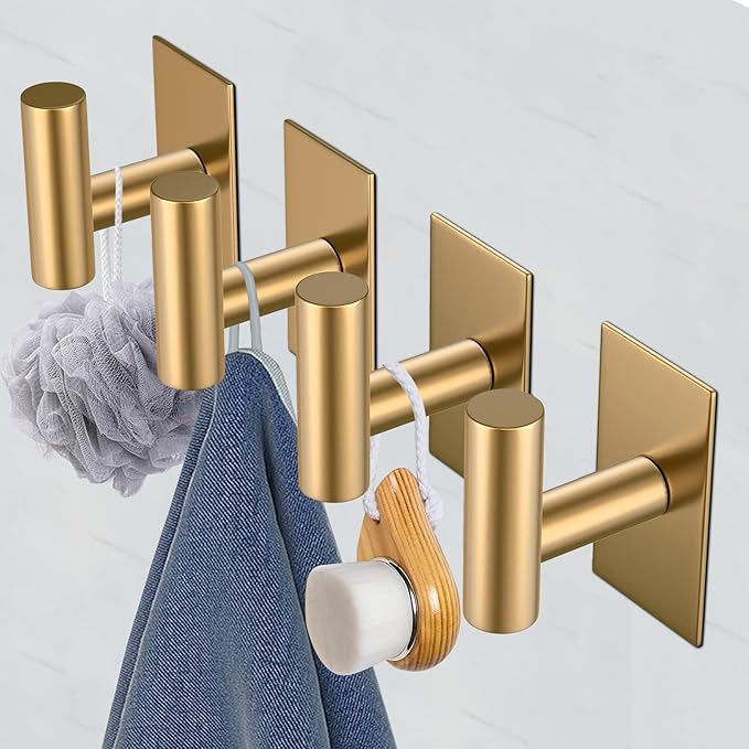 VAEHOLD Wall Towel Hooks, Heavy Duty Sticky Holder Waterproof Towel Hooks for Hanging Coat, Clothes, Closet Hook Wall Mount for Kitchen (Gold, 6 Pack)