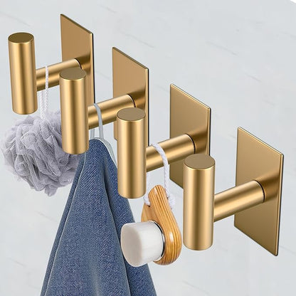 VAEHOLD Wall Towel Hooks, Heavy Duty Sticky Holder Waterproof Towel Hooks for Hanging Coat, Clothes, Closet Hook Wall Mount for Kitchen (Gold, 4 Pack)