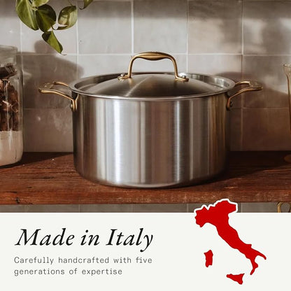 Made In Cookware - 8 Quart Stainless Steel Stock Pot With Lid (Antique Brass Handle) - 5 Ply Stainless Clad - Professional Cookware - Crafted in Italy - Induction Compatible