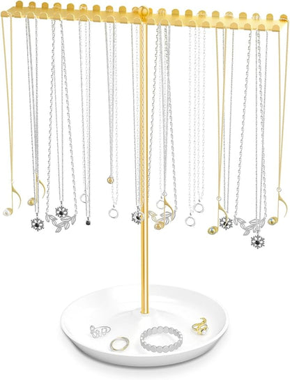 Jewelry Organizer Stand, Metal Necklace Holder Display With 42 Hooks, Gold Jewelry Holder for Necklaces, Bracelets, Rings, Bedroom College Dorm Decor for Women and Girls