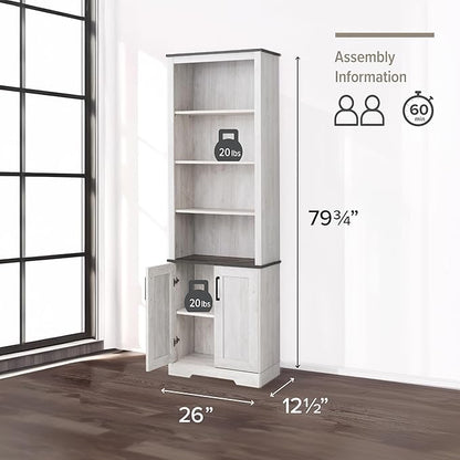 Prepac Rustic Ridge Bookcase with Doors, Washed White Storage Cabinet with Doors and Shelves, Accent Cabinet 26" W x 79.75" H x 12.5" D, ASBR-1630-1