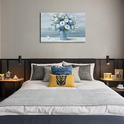 arteWOODS Vintage Flowers Canvas Wall Art Blue White Blossom Painting Retro Flowers in Vase Pictures Blue Ocean Background Artwork Prints for Bathroom Bedroom Wall Decor Ready to Hang 36 X 24in