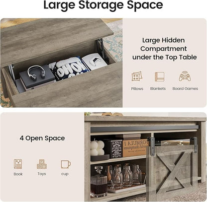 SEDETA 31.5" Lift Top Coffee Table with Storage, Square Coffee Tables for Living Room, Farmhouse Coffee Table with Large Hidden Storage Compartment and Adjustable Shelves, Grey