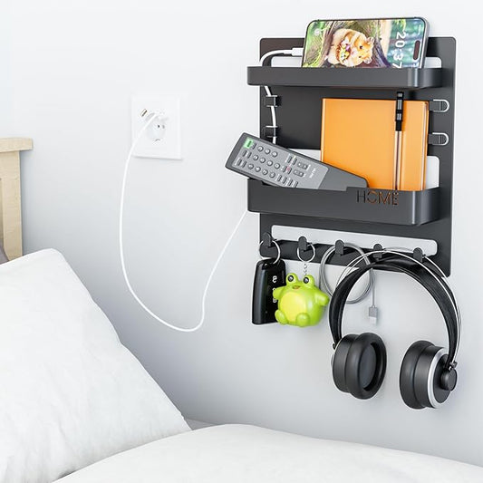 SuoXing Bedside Shelf Wall Mount and Wall Nightstand for Bedroom,Rv,Dorm Room,Bedside Wall Organizer for Phone Holder,Wall Mount Shelf Organizer for Charging Station and Remote Control Holder,Black