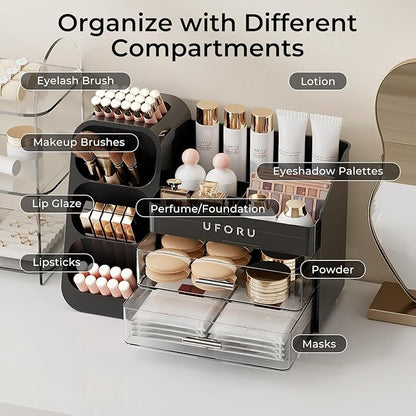 Makeup Organizer for Vanity with Brush Holder, Countertop Skincare Organizer with 2 Drawers, Spacious Cosmetic Display Case for Perfumes, Cologne, Shaving Lotion