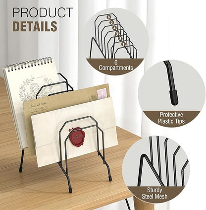 Incline Desk Magazine Folder Holder, Metal Sorter Desk File Organizer with 6-Section Vertical Compartments Rack File Organizer for Office, Home, School