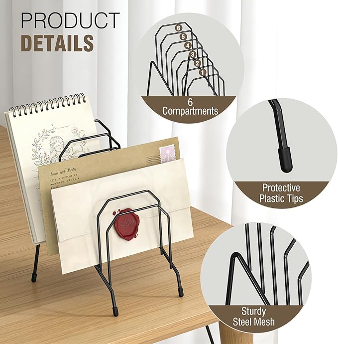 Incline Desk Magazine Folder Holder, Metal Sorter Desk File Organizer with 6-Section Compartments Rack File Organizer for Office, Home, School (4 Pack)