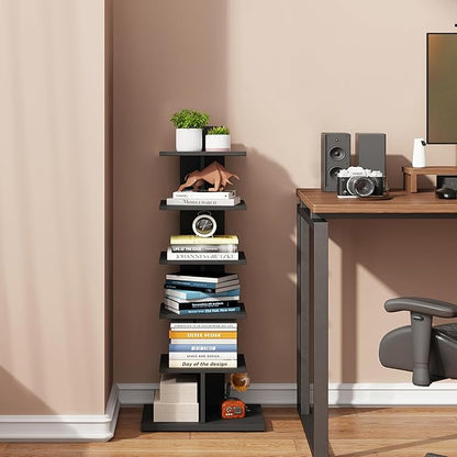 TUTOTAK Narrow Bookshelf, 6-Tier Bookcase, Spine Book Shelf for Small Space, Corner Standing Shelf for Living Room, Office, Study, Entryway, Black BS06BK016