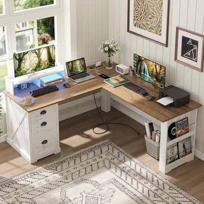 FREDEES Executive L Shaped Desk with Led Lights and Movable Stand, 59 inch Farmhouse Corner Computer Desk with File Drawers, Home Office Desk with Charging Station for Working, Gaming - Antique White