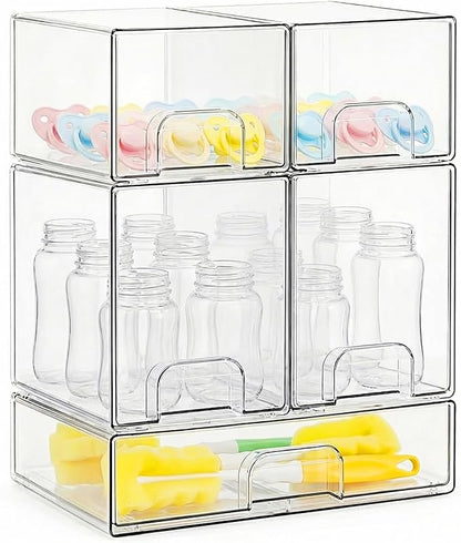 Bottle Storage Organizer Baby, Clear Stackable Storage Drawers Set for Baby Bottle, Beauty Supplies Storage, Ideal for Countertop, Vanity, Bathroom, Cabinet, Pantry Organization, 15.4" H, 5 Pack