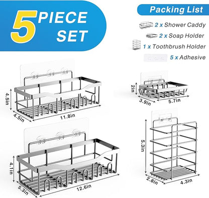 EUDELE 5-Pack Adhesive Shower Caddy Organizer, Large Capacity Rustproof Stainless Steel Shower Shelves, No Drill Bathroom Storage for Shower, Kitchen & Home Decor