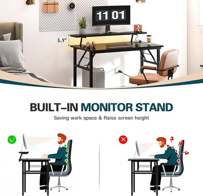 DlandHome Computer Desk 39’’ with LED Lights & Power Outlets, Folding Desk with Monitor Stand, Writing Desk Home Office Desk, Black