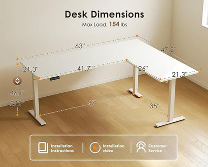 OffiGo 63 Inch Reversible L Shaped Electric Standing Desk, Height Adjustable Corner Stand up Desk, Ergonomic Large Lift Computer Table for Home, Office, Workstation, White