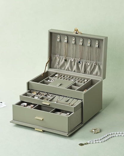 3-Tier Jewelry Box, Jewelry Organizer Box with 2 Drawers, Large Storage Capacity for Necklace Bracelets Earrings Rings, Lockable, Christmas Gift for Women, Green