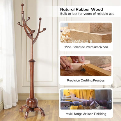 Wooden Coat Rack Freestanding with 8 Hooks, Heavy Duty Coat Hanger Stand with Stable Base, Vintage Coat Tree Standing Coat Racks for Entryway, Hallway, Bedroom (Walnut)