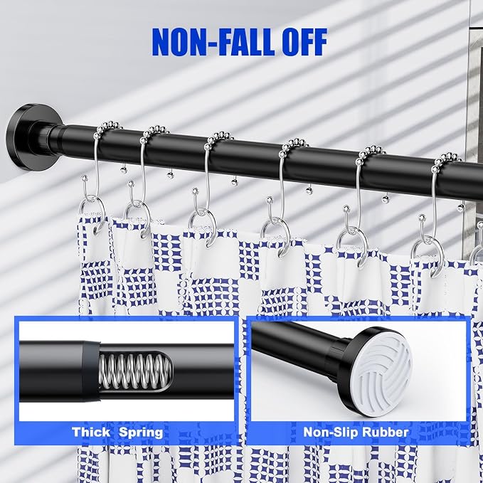 Ausemku Shower Curtain Rod 32-94 Inch Adjustable - 1 Inch Diameter Heavy Duty No drill Spring Tension Shower Rod, Non-Slip Rustproof Telescopic Rod for Bathroom, Black