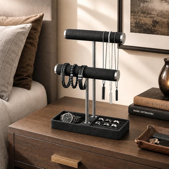 bussdis 2 Tier Bracelet Holder Display - Detachable T Bar Black Velvet Bracelet Holder, Jewelry Holder Organizer for Bracelet, Necklace, Earrings, Rings