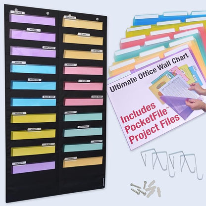 Ultimate Office WalMaster Heavy Duty 20-Pocket Chart Filing System for Classroom and Office, Wall File Organizer PLUS 36 PocketFiles, Mounting Hardware and Spring-Loaded Door Hooks