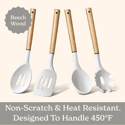 Country Kitchen Non Stick Silicone Utensil Set with Rounded Wood Handles for Cooking and Baking, 8 Piece Set, White