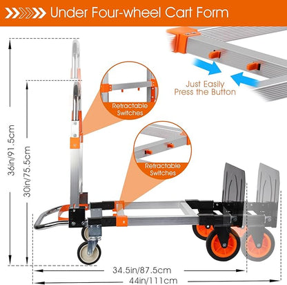 Zolpoyia 3 in 1 Folding Hand Truck Dolly Cart with Wheels, 660lbs Capacity Foldable Utility Cart Aluminum Trolley Cart Convertible Dolly for Moving Furniture Shopping for Garden Home Office Warehouse