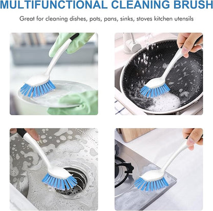 SetSail Dish Brush with Handle, 3 Pack Stiff Bristles Dish Scrubber with Built-in Scraper Dish Scrub Brushes for Cleaning Dishes, Pots and Pans, Kitchen Sink, 3 Pack, Black Blue