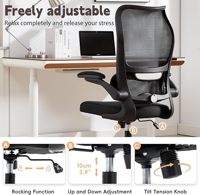 Ergonomic Office Chair, High Back Breathable Mesh Computer Desk Chair with Adjustable Lumbar Support and Flip-Up Armrests, 300LB Capacity Executive Swivel Task Gaming Seat for Home and Office (Black)