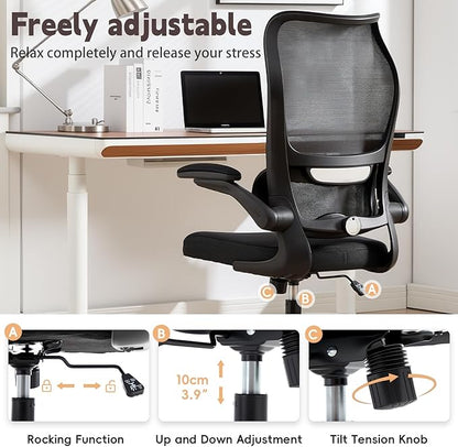 Ergonomic Office Chair, High Back Breathable Mesh Computer Desk Chair with Adjustable Lumbar Support and Flip-Up Armrests, 300LB Capacity Executive Swivel Task Gaming Seat for Home and Office (Black)
