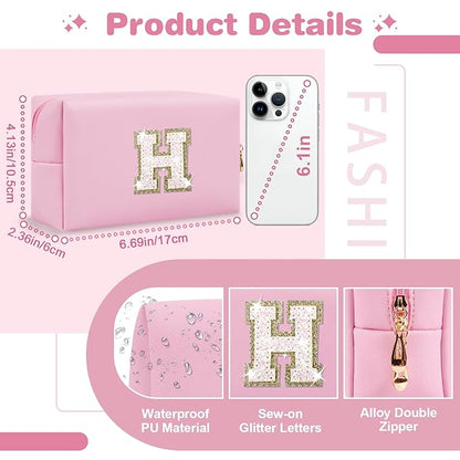 Small Personalized Initial A-Z Patch Makeup Bag,Pink Cute PU Leather Glitter Letter Cosmetic Bag for Teen Girls,Travel Toiletry Bag with Zipper,Preppy Monogrammed Birthday Gift for Daughter Niece H
