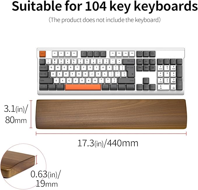 Walnut Wooden Wrist Rest for 104 Key Mechanical Keyboard | Ergonomic Design for Wrist Pain Relief, Smooth No Odor and Easy to Clean, Support Wrist to Coding Typing and Playing
