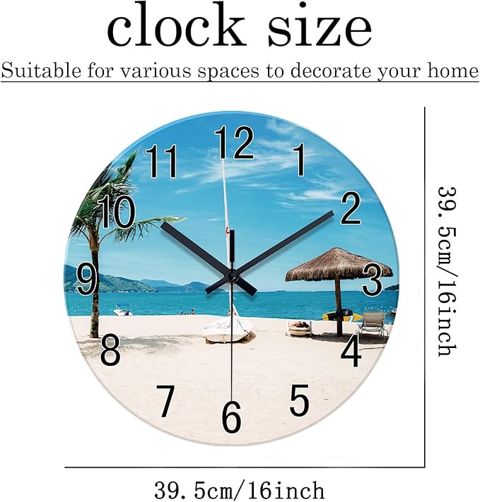 XFM Blue Beach Wall Clock 16 Inch Silent Non Ticking Wall Clocks Battery Operated Tropical Hawaii Coastal Wall Clock for Living Room Bedroom Home Office Decor