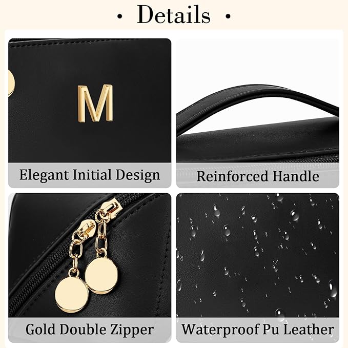 Valentines Day Gifts for Women Teen Girl, Personalized Initial Makeup Organizer Bag Set, Open Flat Travel Cosmetic Bag With Clear Divider and Handle(Black,M)