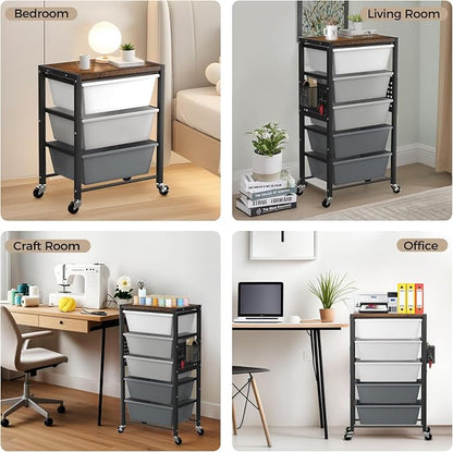 Rolling Cart with 5 Drawers, Plastic Drawer Storage Carts with Wheels & Wooden Tabletop, Metal Utility Cart with Pegboards, Office Living Room Classroom Craft Organization and Storage, Dark Grey