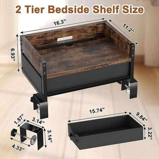 2 Tier Bedside Shelf - Clip on Bedsides Caddy Organizer for Dorm Bunk Beds, Floating Nightstand Bed Side Table Storage with Fabric Drawer, Bunk Bed Accessories Bedside Tray for College, Back to School