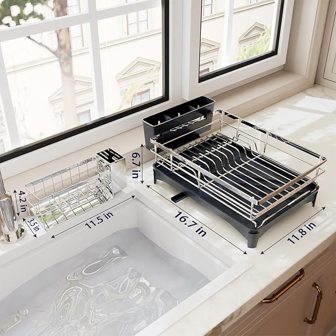 Dish Drying Rack, 304 Stainless Steel Dish Racks for Kitchen Counter with Cutlery Holder & Sponge Holder, Large Dish Drainer with Removable Drainboard, 11.8''W x 16.7''L (Stainless Steel)