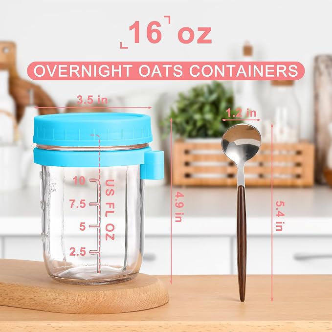 16oz Glass Mason Overnight Oats Jars, Cereal, Yogurt, Salad Lunch,Glass Overnight Oats Containers with Lids and Spoon, Container with Measurement Marks - (Blue-2Pcs)