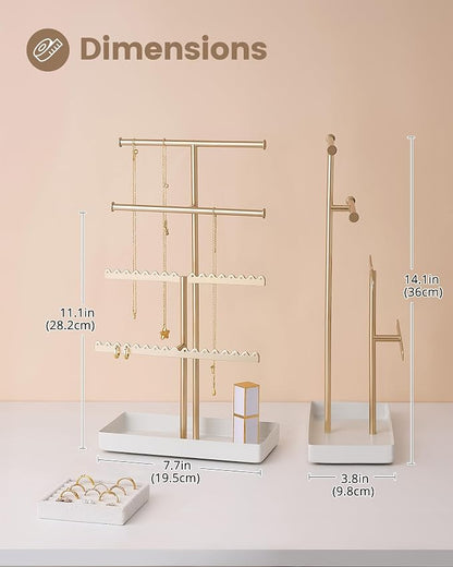 Lolalet 4-Tier Jewelry Organizer Stand, Metal Jewellery Holder, Dresser Display Rack for Necklace Earring Bracelets Rings, Gift for Women Girls -Gold