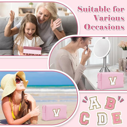Personalized Initial A-Z Preppy Patch Makeup Bag,Small PU Chenille Letter Cosmetic Bag with Zipper for Teen Girls,Pink Cute Toiletry Organizer Bag,Monogram Makeup Case Gift for Women Girls,Letter V