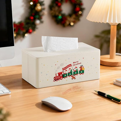 Square Christmas-Themed Tissue Box Cover with A Magnetic Bottom,A Stylish Leather-Decorated Tissue Holder for Living Rooms, Bedrooms, and Office Desks (White Rectangle)