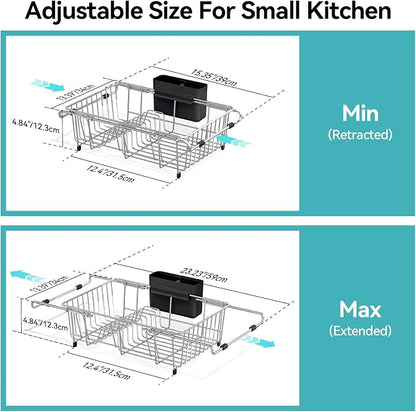 Urackify Dish Drying Rack in Sink, Stainless Steel Expandable Over the Sink Dish Rack with Utensil Holder & Cup Holder, Kitchen Drying Rack for Inside Sink, 15.35" x 11.02" x 4.84", Silver