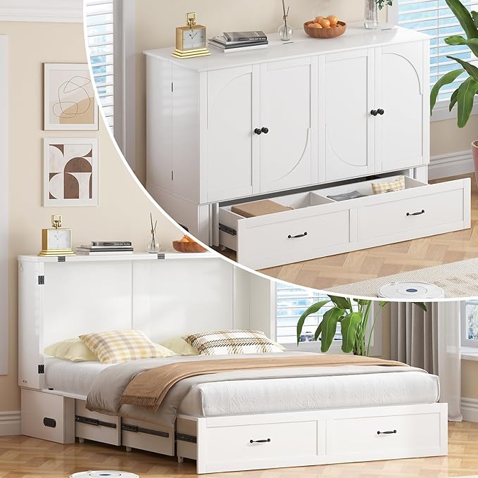 BALUS Murphy Bed Queen with USB Charging Station, Murphy Cabinet with Tri-Folding Foam Mattress and 2 Storage Drawers, Hideaway Foldable Wall Cabinet Bed Chest for Living Room Bedroom Office, White
