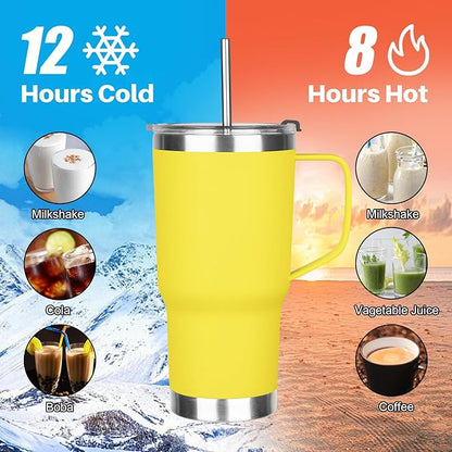 20 oz Tumbler with Handle, Stainless Steel Insulated Tumbler with Lid and Straw, Double Wall Vacuum Coffee Mug Tumbler, Insulated Coffee Thermal Cup for Cold and Hot (Yellow, 20 Ounces)