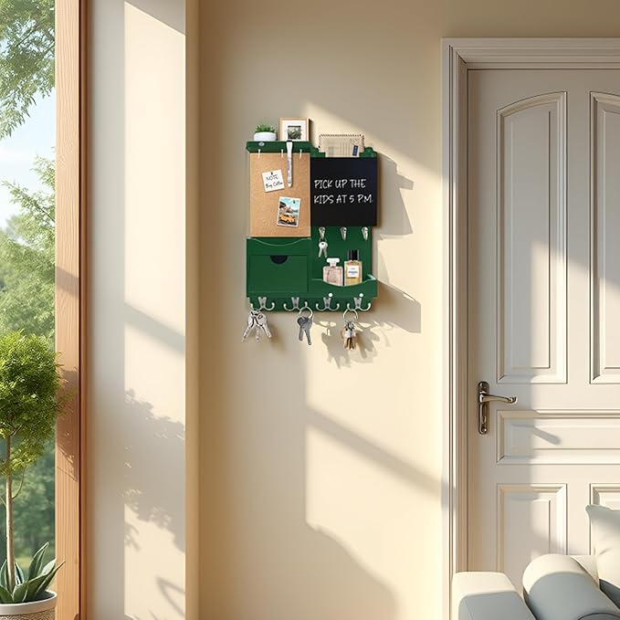 Key Holder Wall Mount， Mail Organizer Key Holder for Wall with Shelf, Drawer, Chalkboard, Corkboard, Home Decor Wall Mounted for Room Entryway (Green)