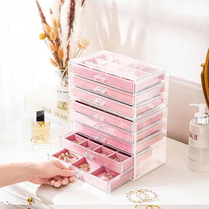 ProCase Earring Holder Organizer Jewelry Box with 8 Drawers, Acrylic Clear Earring Case with Adjustable Velvet Trays for Women - Pink, 8 Layers