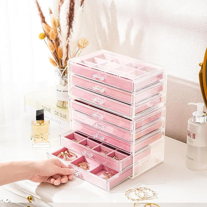 ProCase Earring Holder Organizer Jewelry Box with 8 Drawers, Acrylic Clear Earring Case with Adjustable Velvet Trays for Women - Pink, 8 Layers