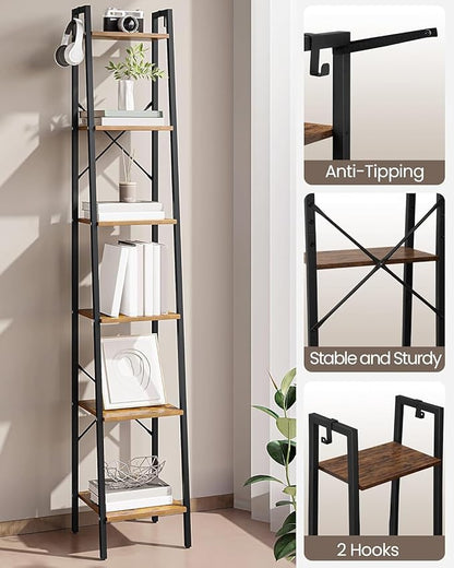 Ladder Shelf, Bookshelf Bookcase, Freestanding Corner Storage Shelve with 2 Hooks for Home Office, Living Room, Kitchen, Bedroom, Industrial, 11.8"D x 13.4"W x 72.8"H, Rustic Brown BC13301B