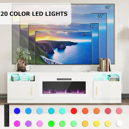 PRETZI Fireplace TV Stand with 36" Fireplace Up to 90" TVs, 80" Entertainment Center with LED Lights, Remote Control, TV Media Console with Storage Cabinets for Living Room, White+White