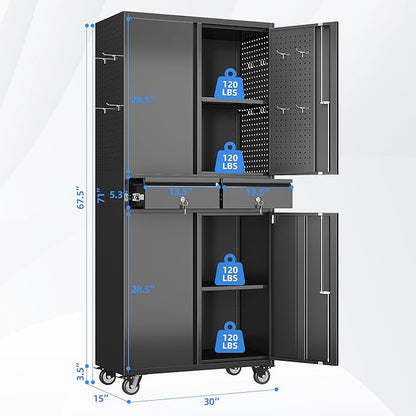Metal Garage Storage Cabinet with 2 Drawers and 2 Adjustable Shelves, Rolling Tool Storage Cabinet with Wheels and Locking Doors for Garage, Warehouse, Black, Assembly Required