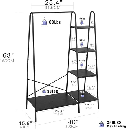 Finnhomy Rustic Clothes Rack, Clothing Rack for Hanging Clothes Heavy Duty Garment Rack with 5 Wood Shelves Freestanding Portable Closet Organizer for Bedroom/Entryway/Boutiques，Matte Black